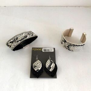 F2 NYC faux leather snake skin rinestone 2 bracelets earrings brand new